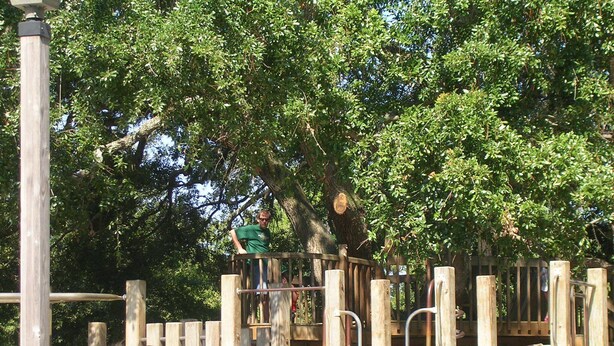 Un parque infantil con estructuras de madera, que incluyen un tobogán y zonas de escalada, rodeado de árboles.