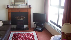 A living room with a fireplace, a television, a sofa, and a window with curtains. - Superb sea views and  great location (Looe)