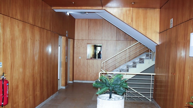 A wooden hallway with a staircase, a potted plant, and a fire extinguisher.