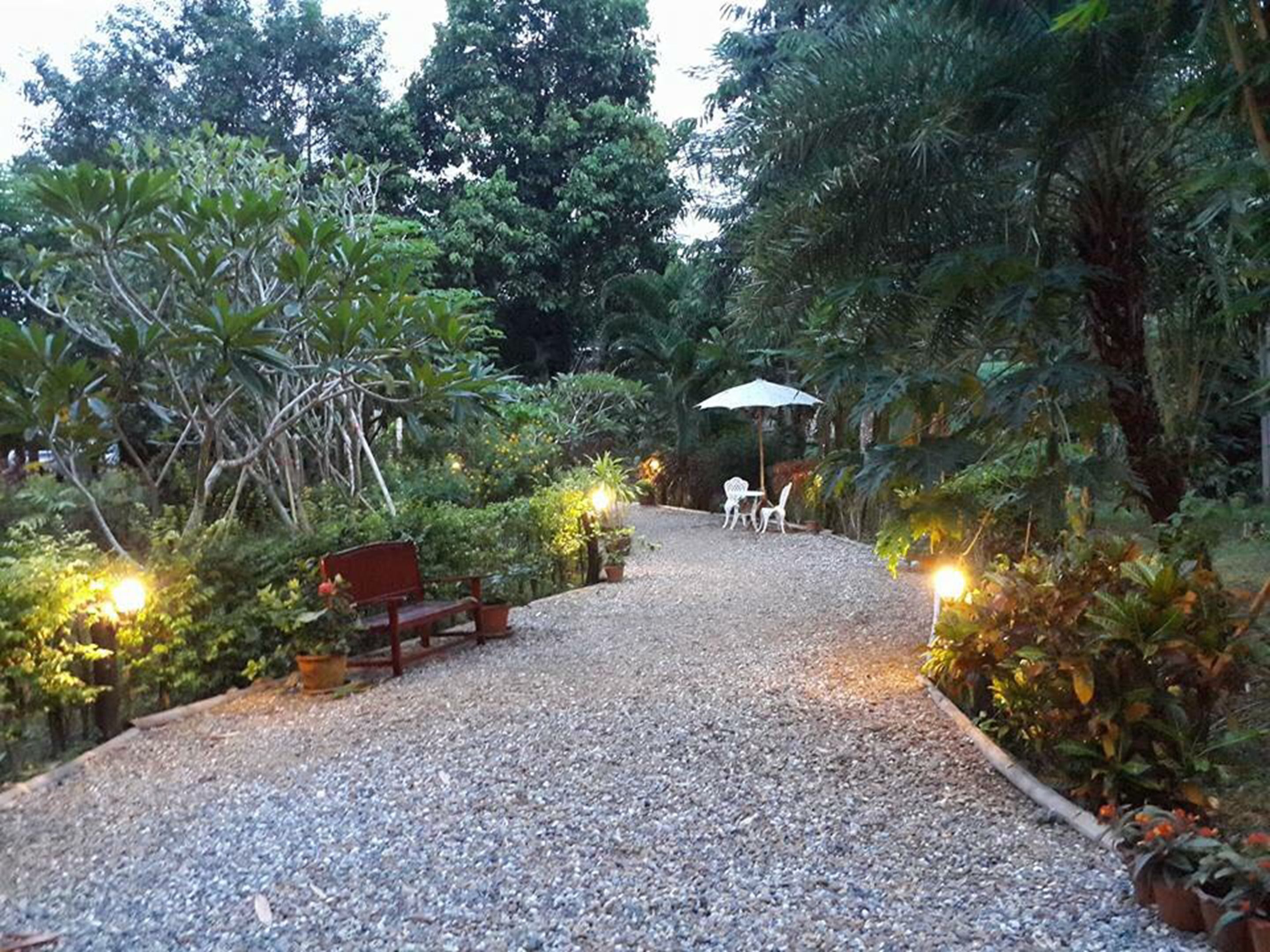 A gravel pathway leading to a seating area with a bench and chairs, surrounded by lush greenery and potted plants.