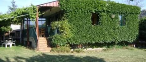 A house covered in ivy with a visible staircase leading to the entrance.
