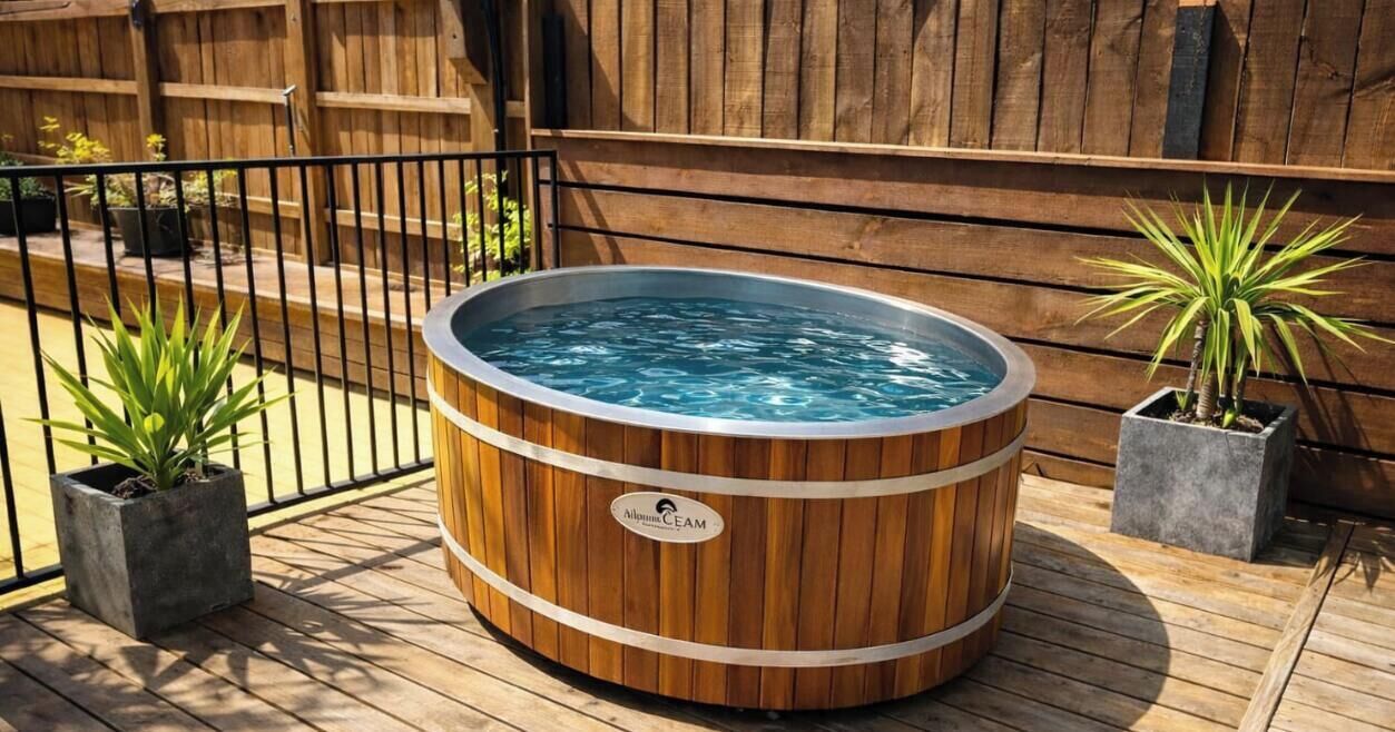 Una bañera de hidromasaje de madera con borde metálico, rodeada por una cubierta de madera y barandilla de metal.