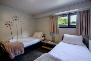Une chambre d’hôtel avec deux lits simples, une petite table avec une lampe, une fenêtre avec des rideaux et des œuvres d’art murales représentant des pissenlits.