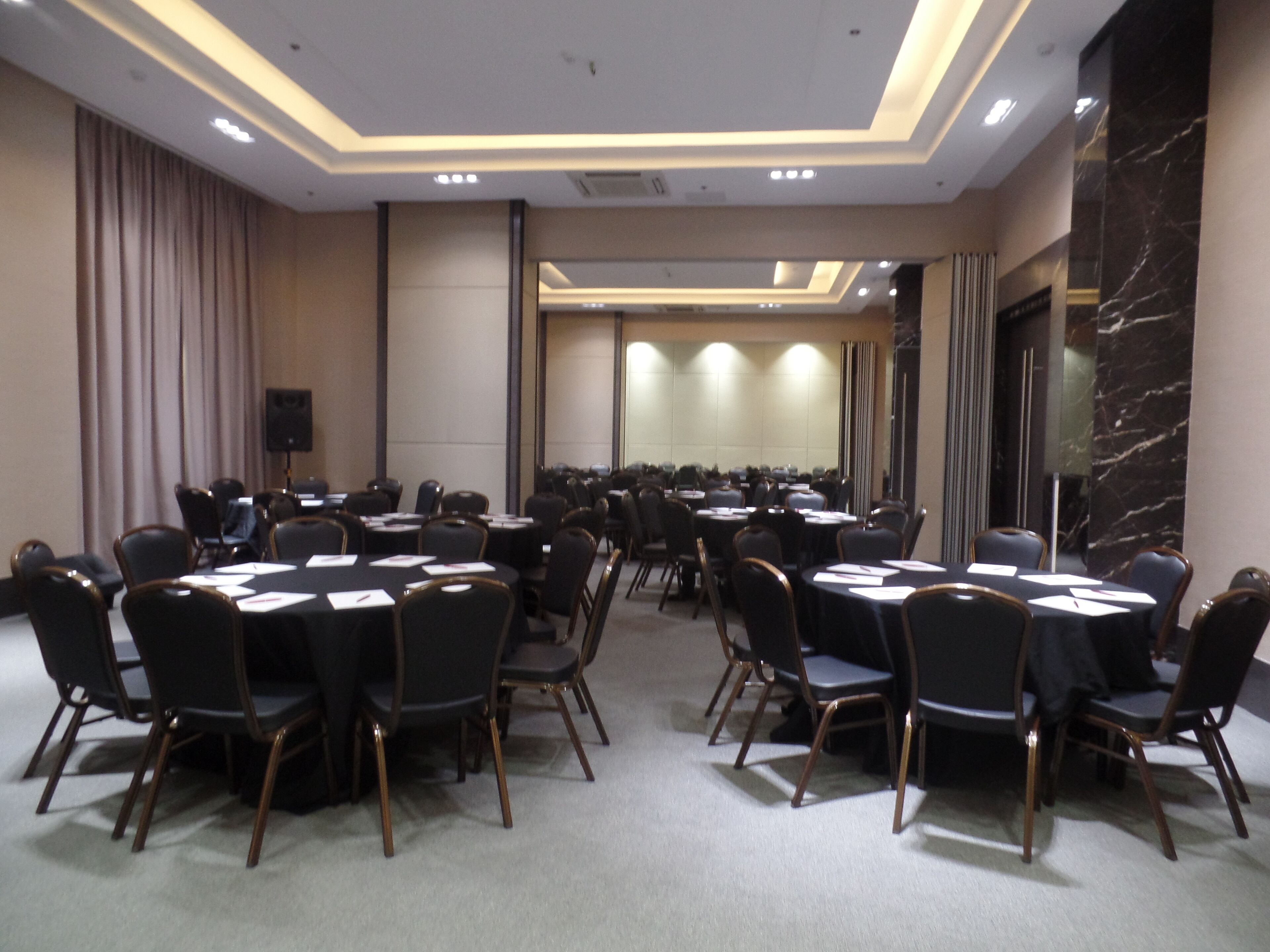 Een congreszaal met rijen tafels en stoelen, voorzien van microfoons en documenten, in een moderne hotelomgeving.