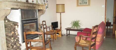 Een televisie, een open haard, een dvd-speler en een muziekbibliotheek