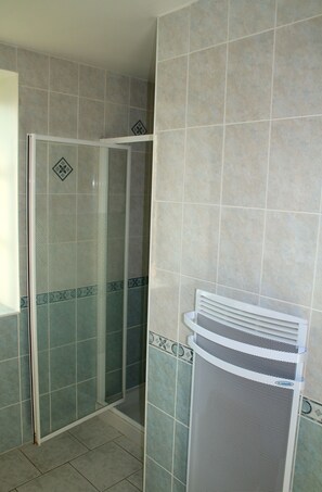 Shower, hair dryer, towels, toilet paper