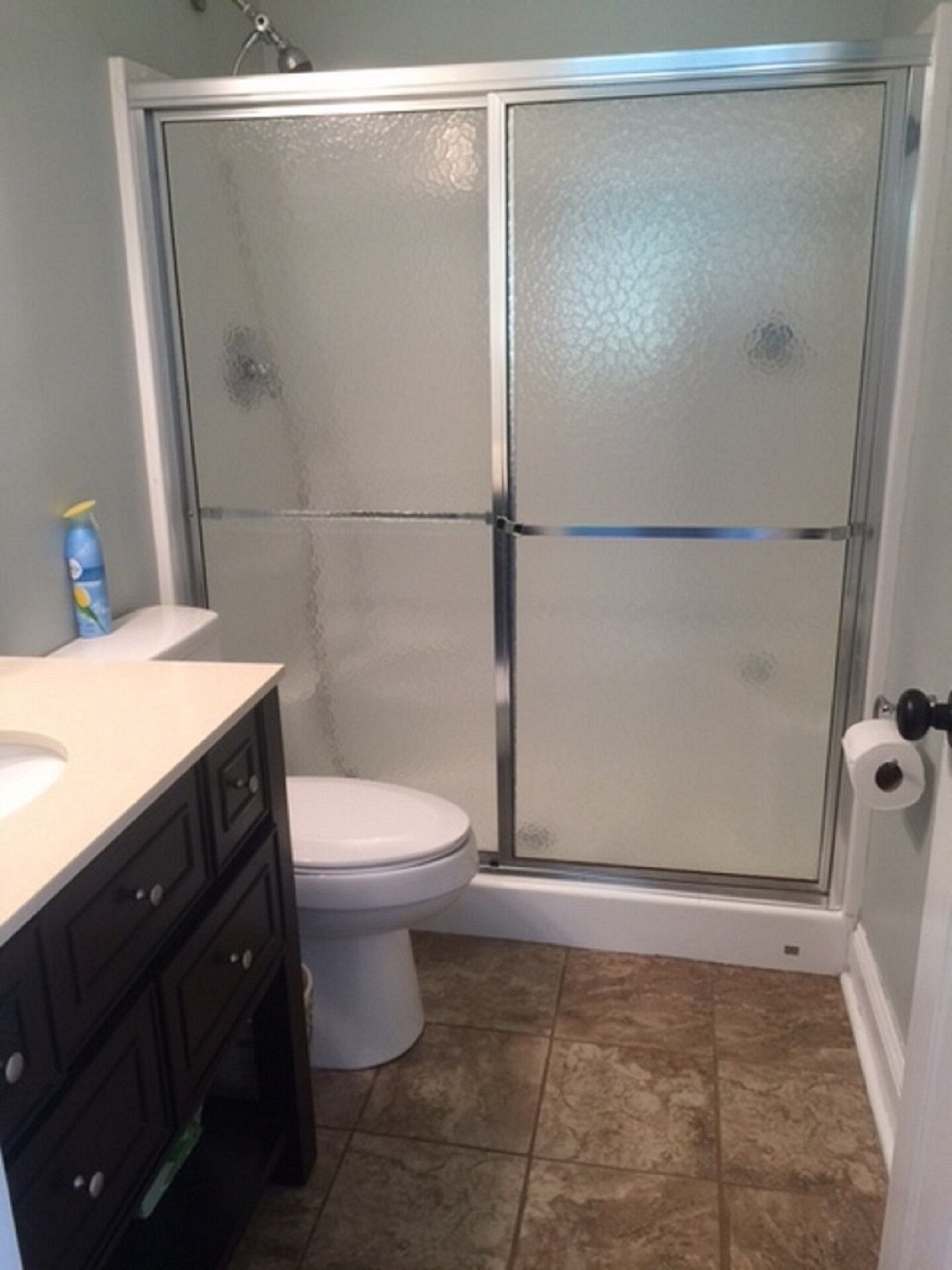 A bathroom with a glass shower enclosure, a toilet, and a vanity with dark cabinets.
