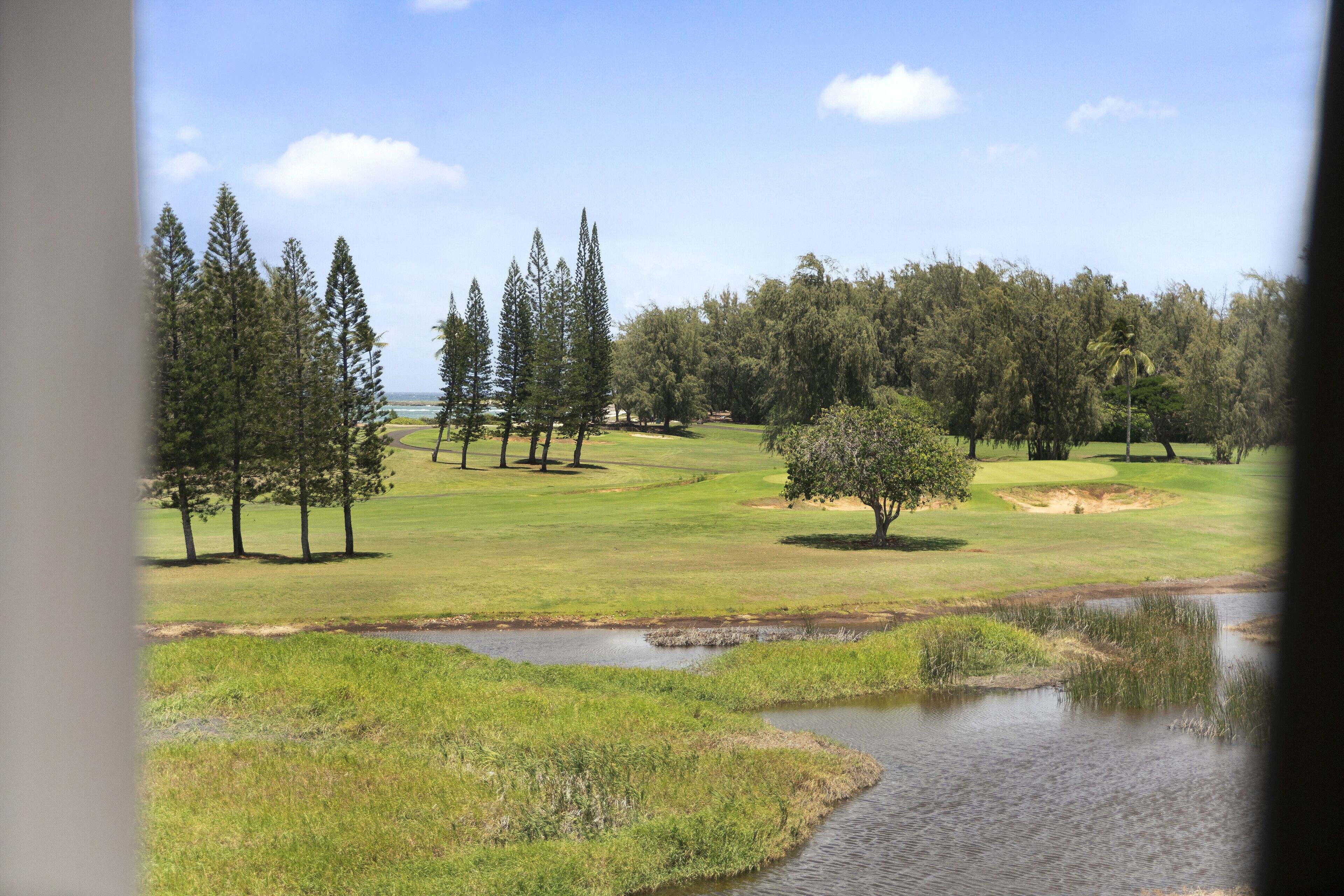 A golf course with a pond, trees, and a clear sky.
