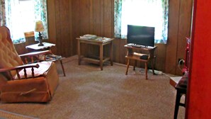 Sala de estar com parede de madeira, televisão sobre suporte de madeira, uma cadeira, uma mesinha com abajur e duas janelas com cortinas florais.