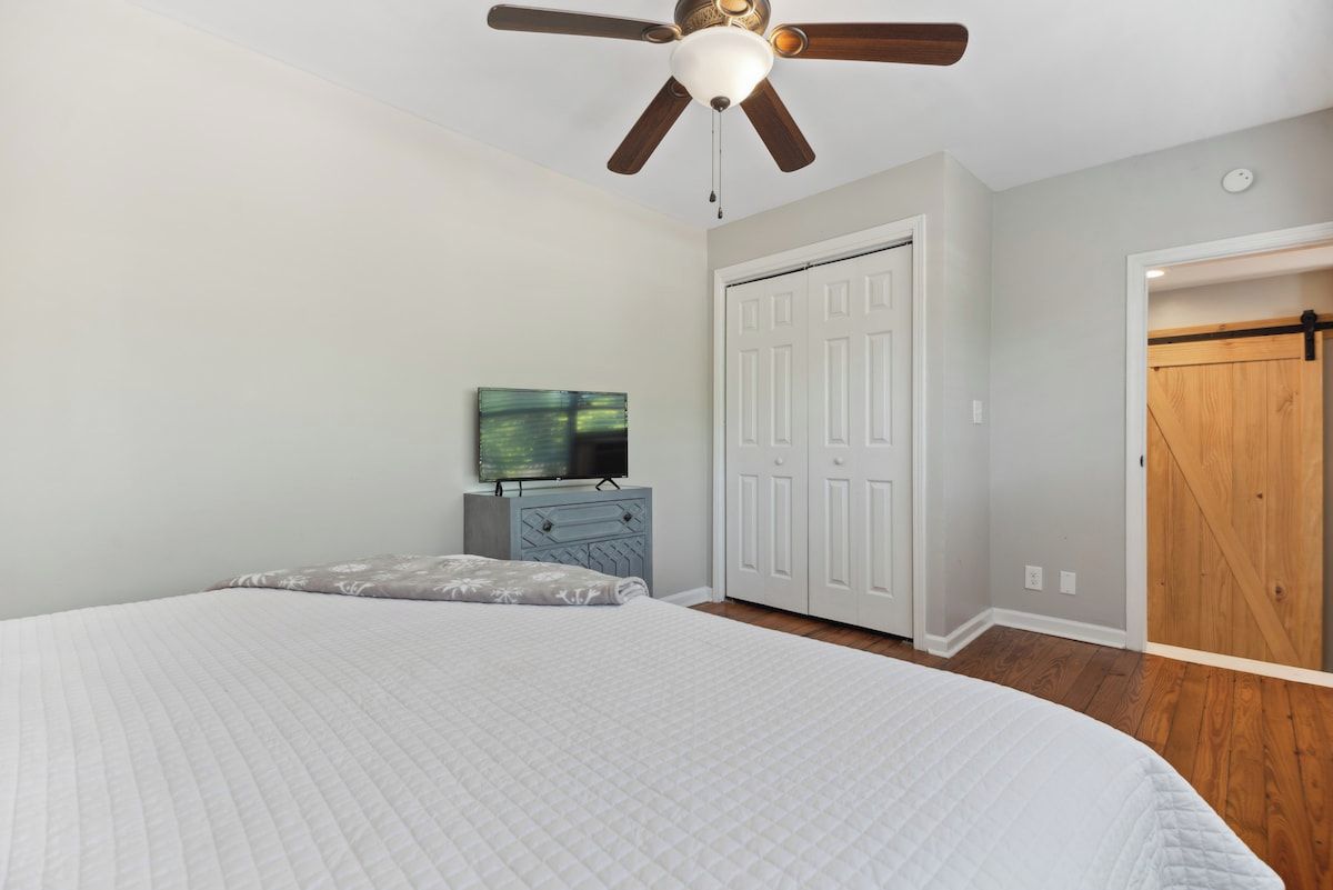 Une chambre à coucher avec un lit, un ventilateur de plafond, une télévision, une armoire et une porte.