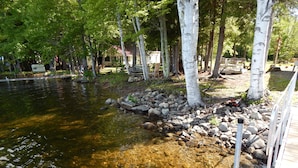 A serene outdoor area with a clear stream, surrounded by birch trees and a wooden deck. - 10 Steps And You're  In Sebasticook Lake. This Is Where You Go To Unplug (Newport)