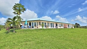 A two-story building with a flat roof and large windows, surrounded by a grassy lawn and a few trees. - Puumoi Pink House, 3 bedroom home with sunrise and ocean view.10 minutes to Hilo (Papaikou)