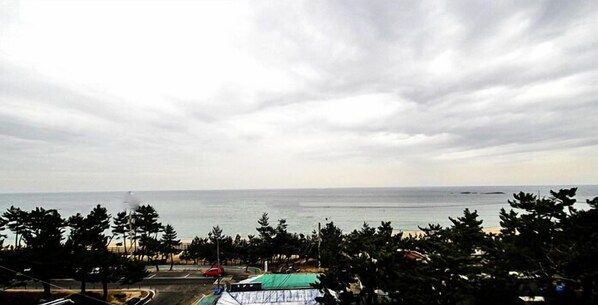 A coastal view with a road leading to a beach, trees in the foreground, and a cloudy sky.