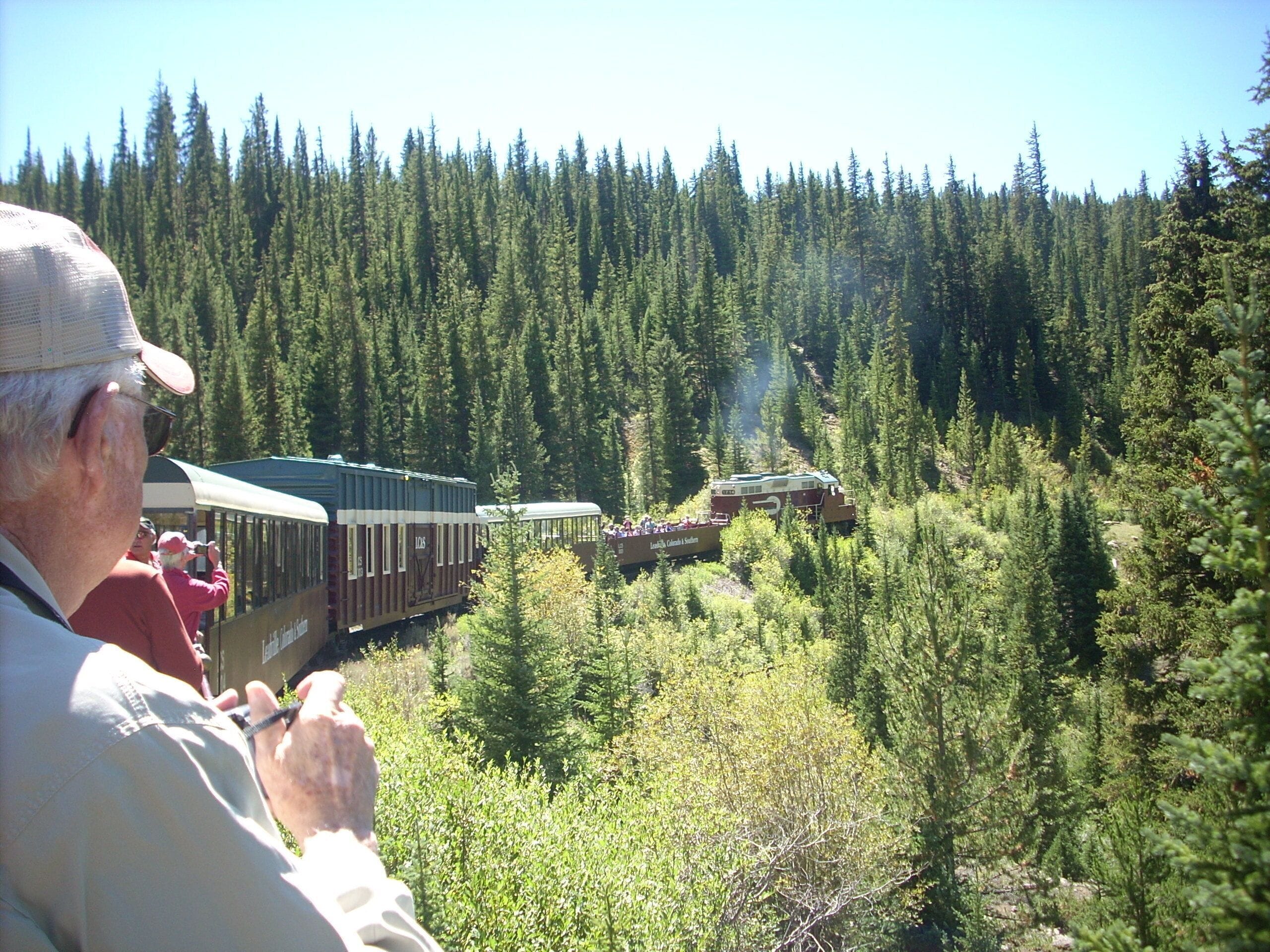 A train moving through a forested area with passengers observing from the side.