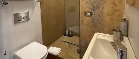 A bathroom with a toilet, sink, and shower area.