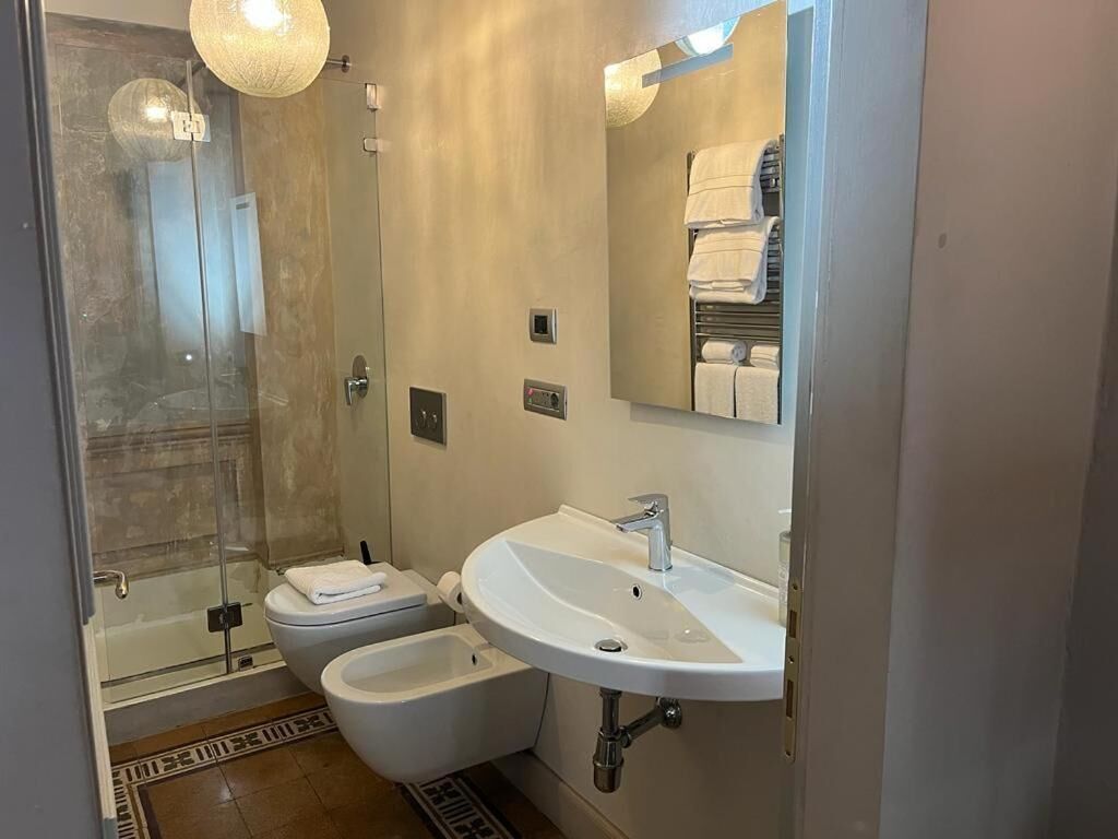 A modern bathroom with a glass shower enclosure, a white sink, and a toilet.