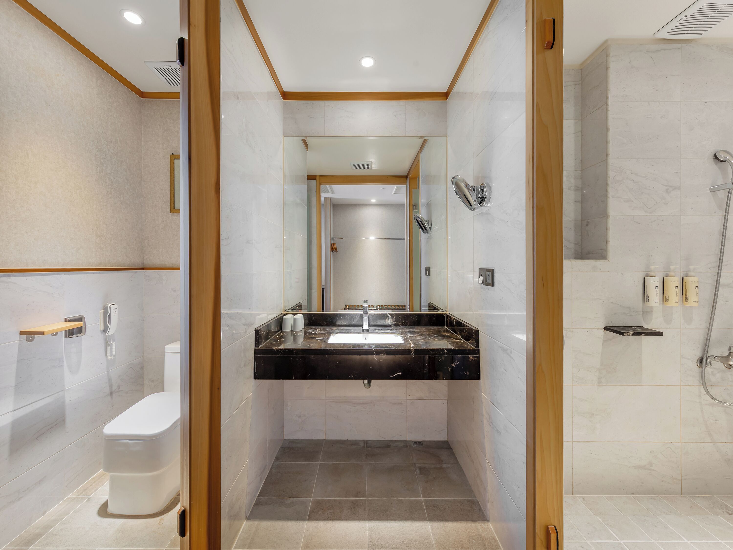 Un bagno moderno con un mobile vanitario in marmo, un water, una doccia e uno specchio.