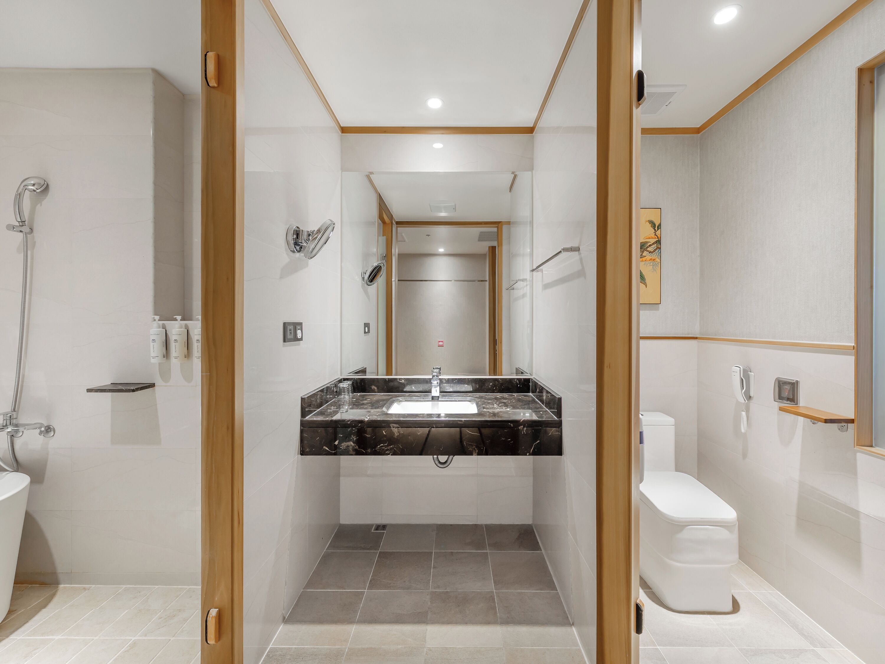 A modern bathroom with a marble sink, a toilet, and a shower.