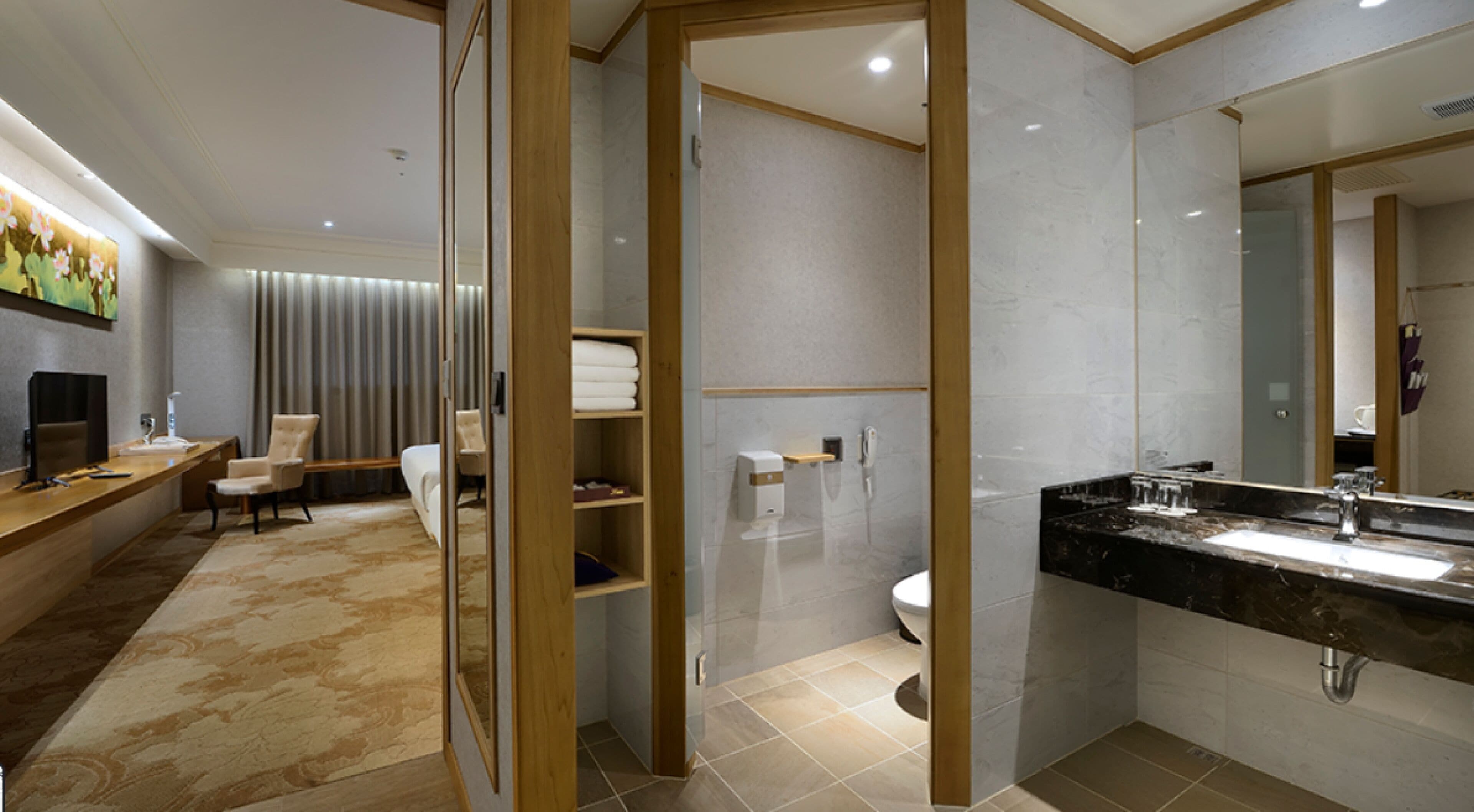 hair dryer, towels, shampoo, toilet paper