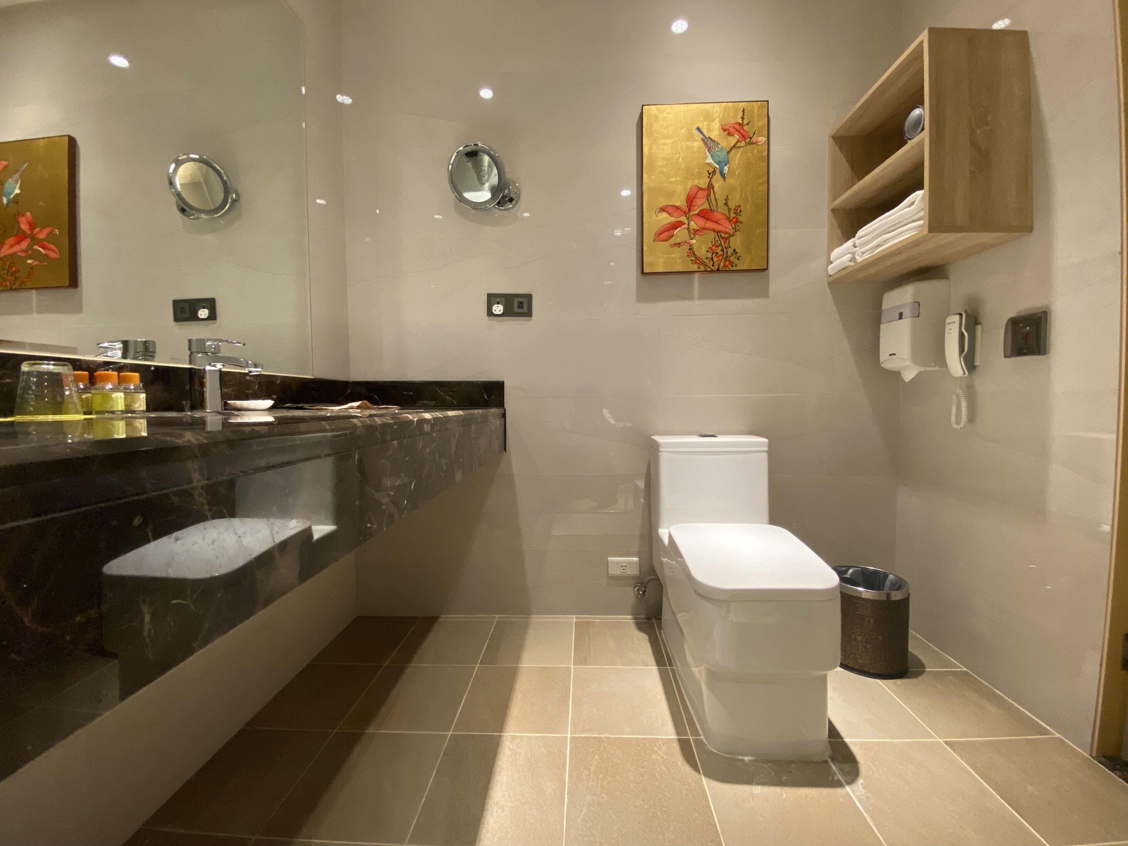 superior suite | bathroom | hair dryer, towels, shampoo, toilet paper