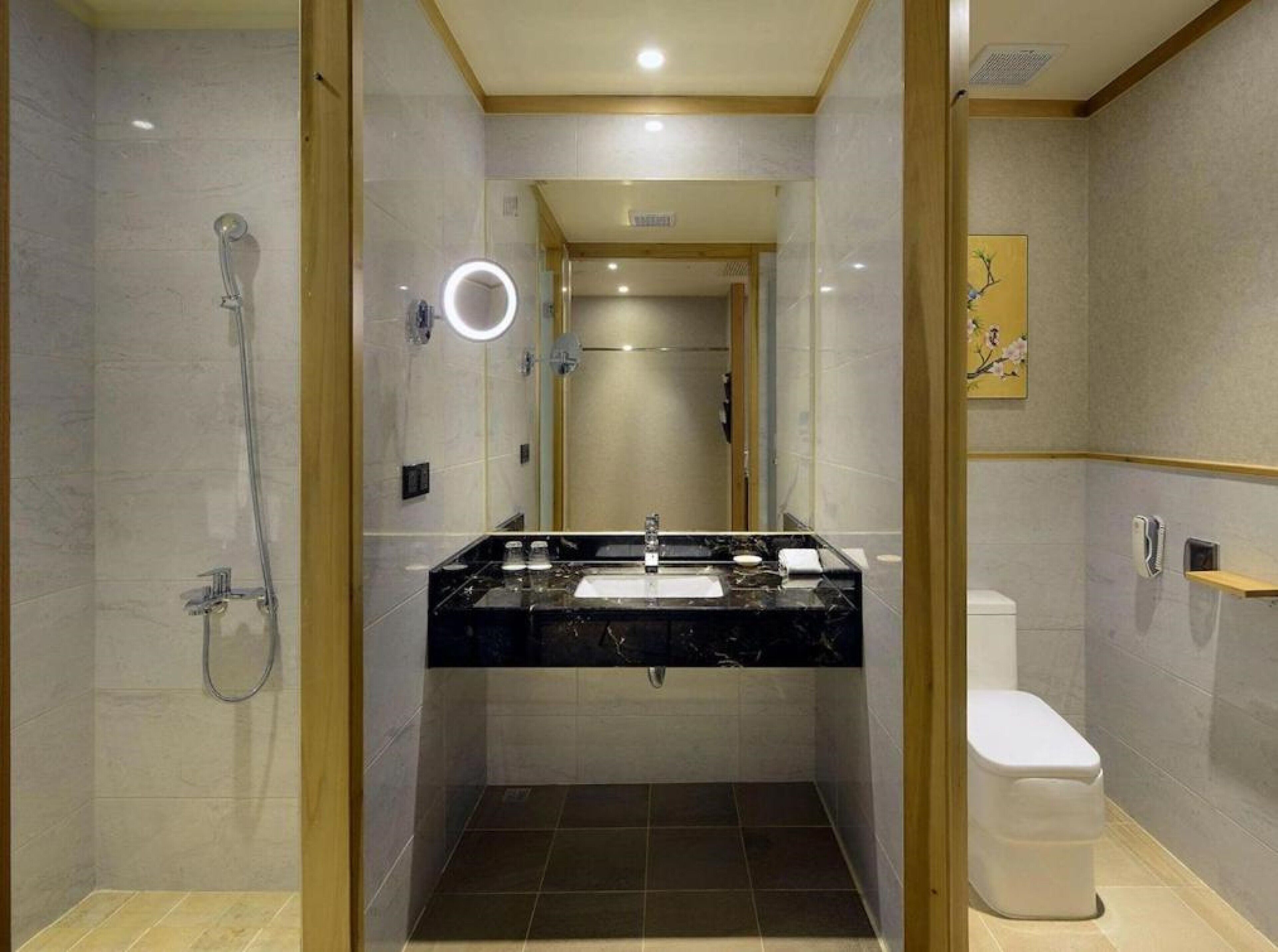 superior double room | bathroom | hair dryer, towels, shampoo, toilet paper