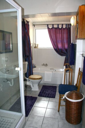 Une salle de bain avec une douche à parois de verre, des toilettes, une baignoire et une chaise en bois.