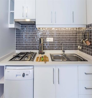Full-size fridge, stovetop, dishwasher, electric kettle