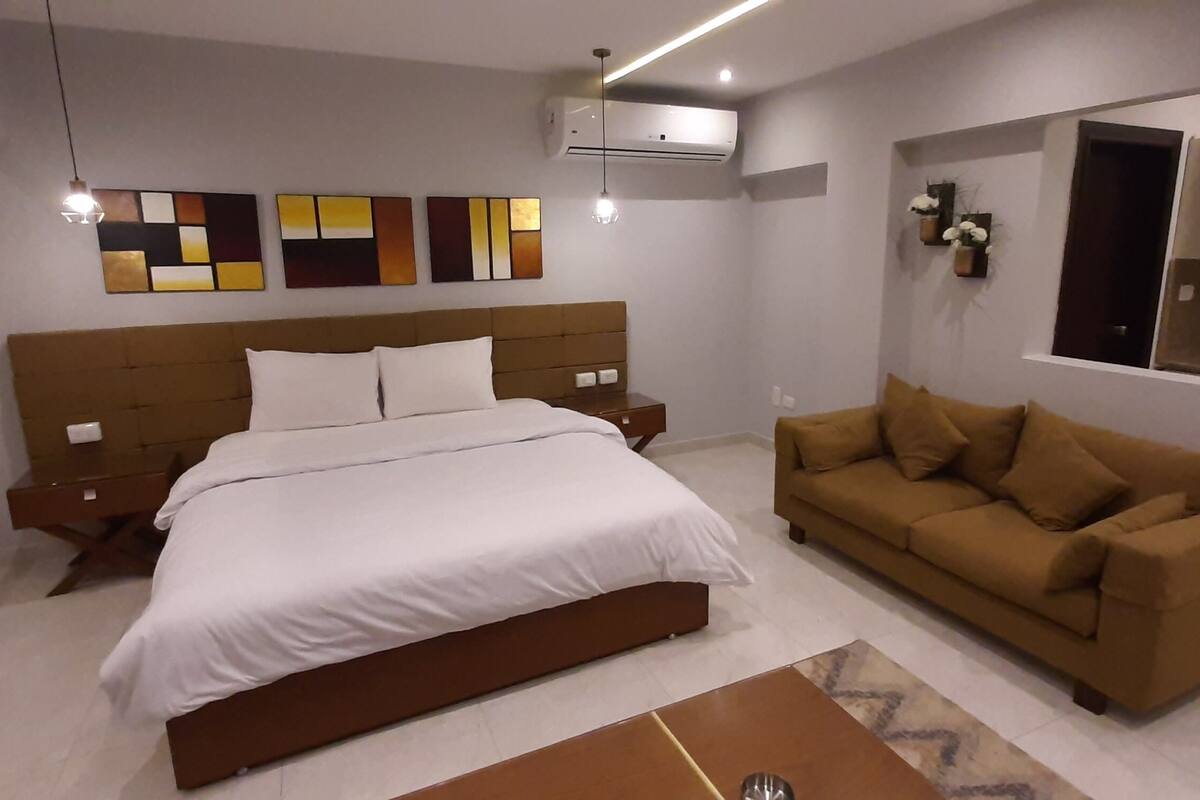 Um quarto moderno com uma cama grande, um sofá, uma escrivaninha e uma cozinha compacta.