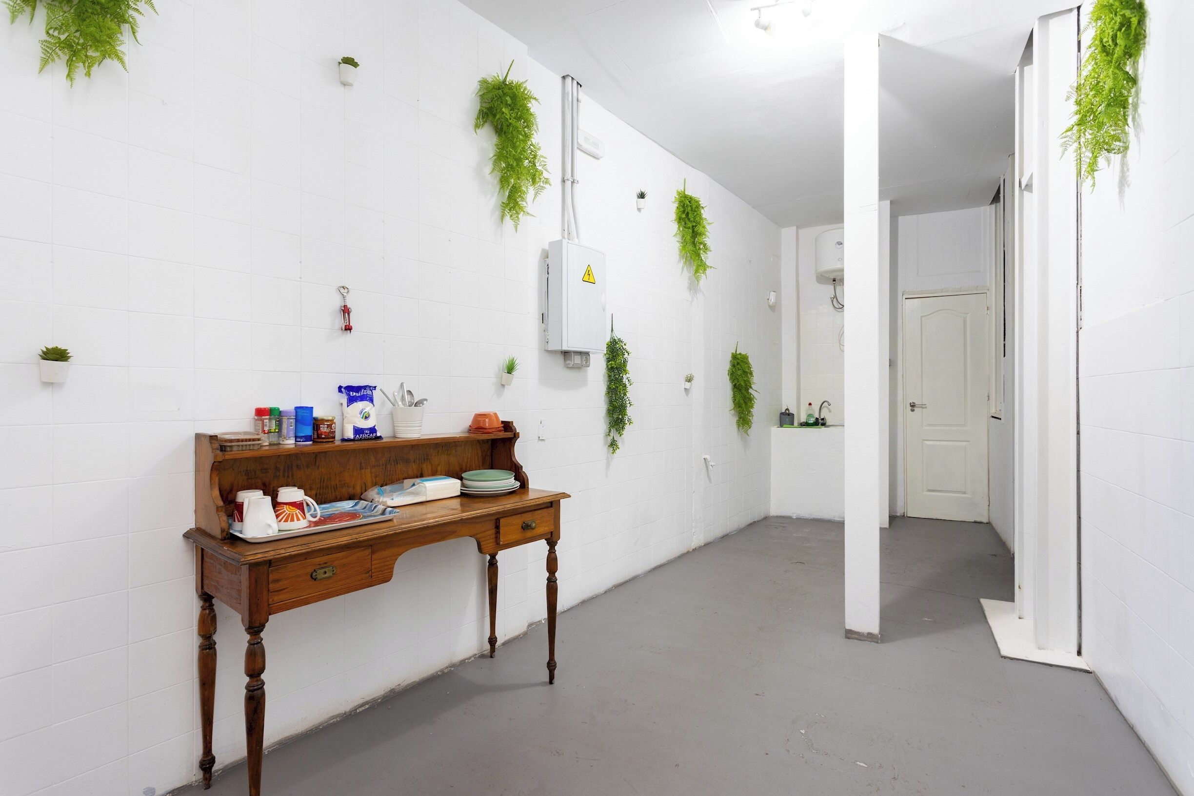 A hallway with a wooden desk, white walls, and hanging plants.