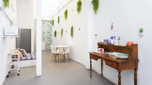A room with a bed, a desk, a chair, a small table, and several hanging plants. - Pensión Casablanca (Santa Cruz de Tenerife)