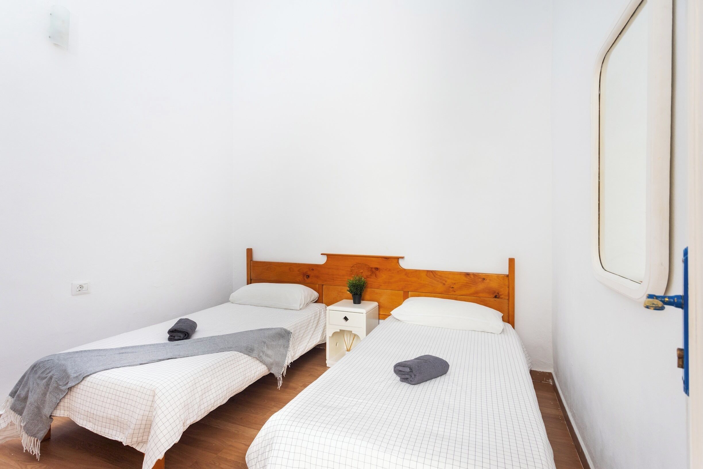 Una habitación con dos camas individuales, cabecera de madera, una mesita de noche con una planta y un espejo en la pared.