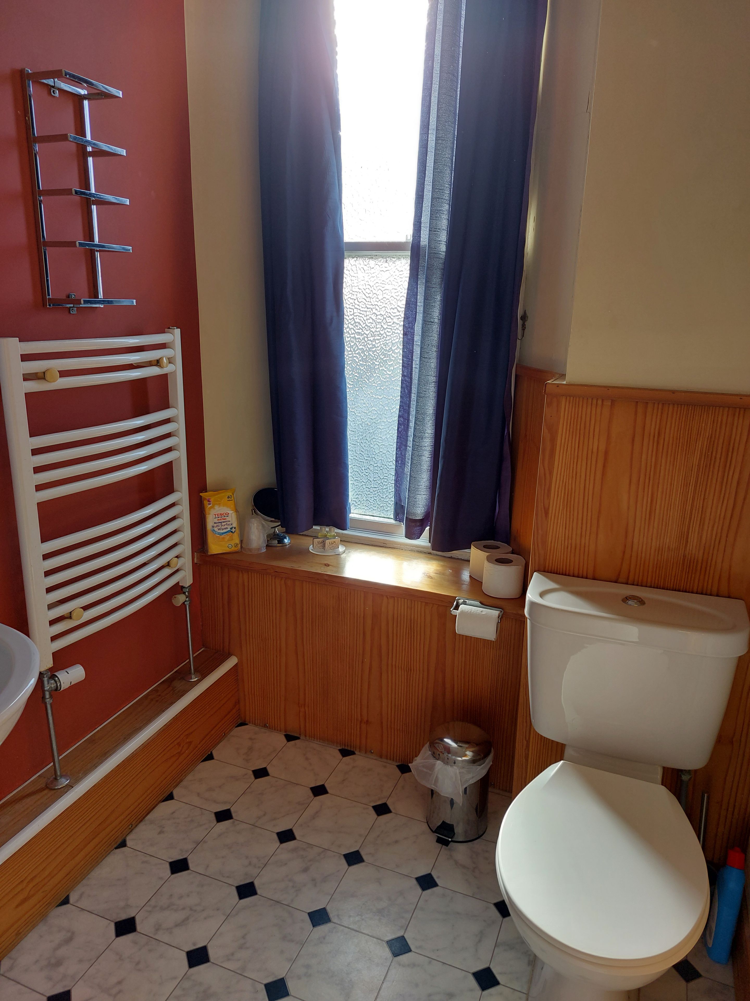 A bathroom with a toilet, a sink, a window with curtains, a towel rack, and a toilet paper holder.