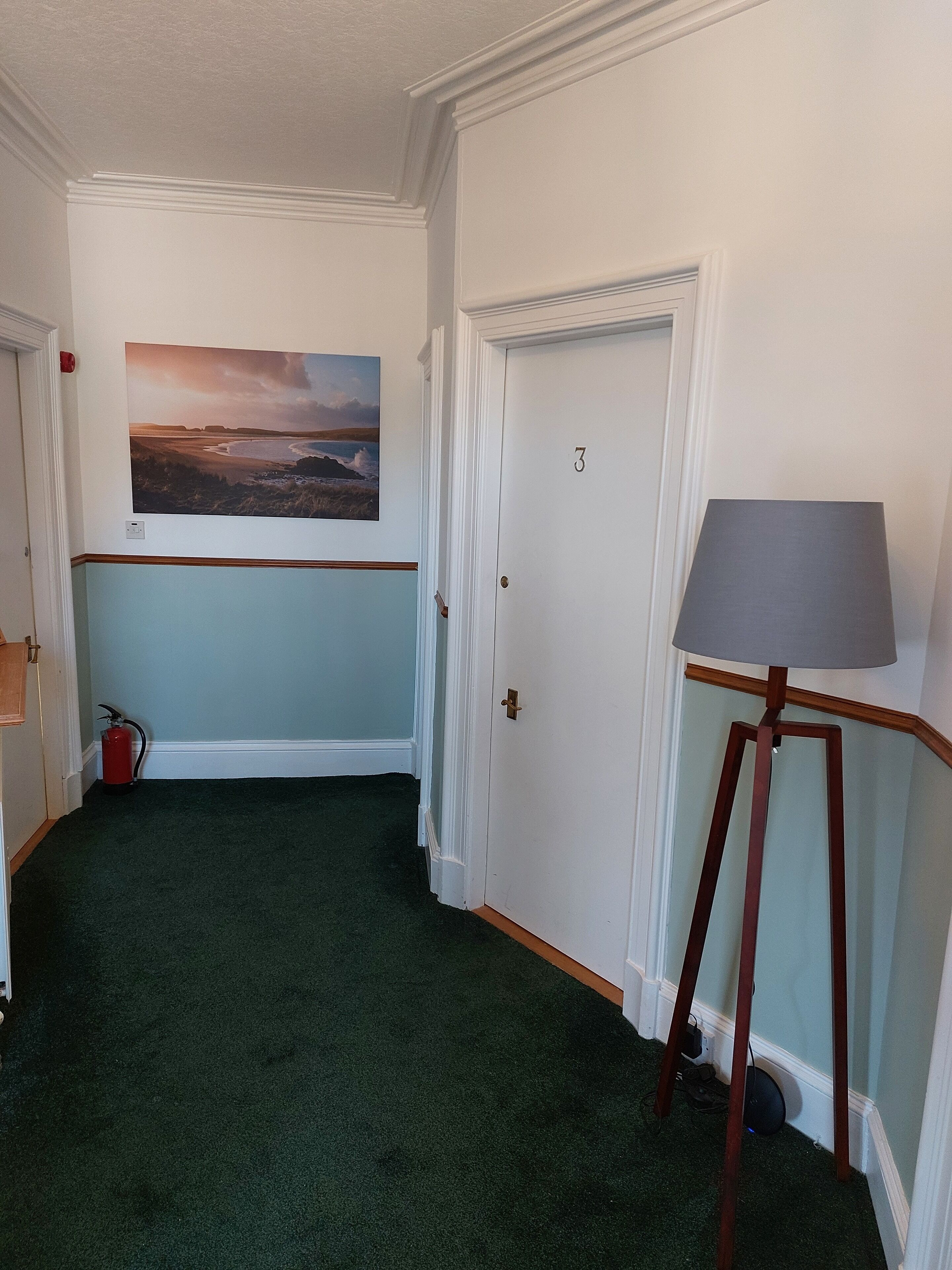A hallway with a green carpet, a painting of a beach scene, a closed door with the number 3, and a floor lamp.