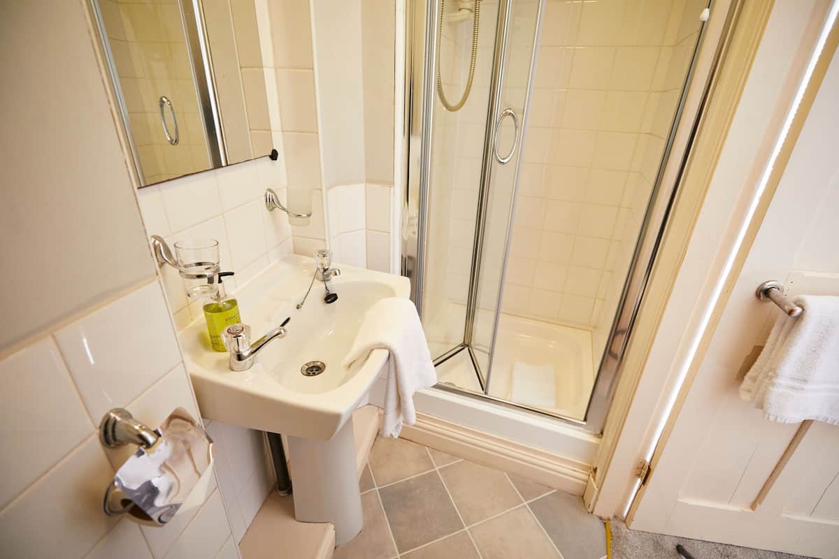 A bathroom with a sink, mirror, and shower.