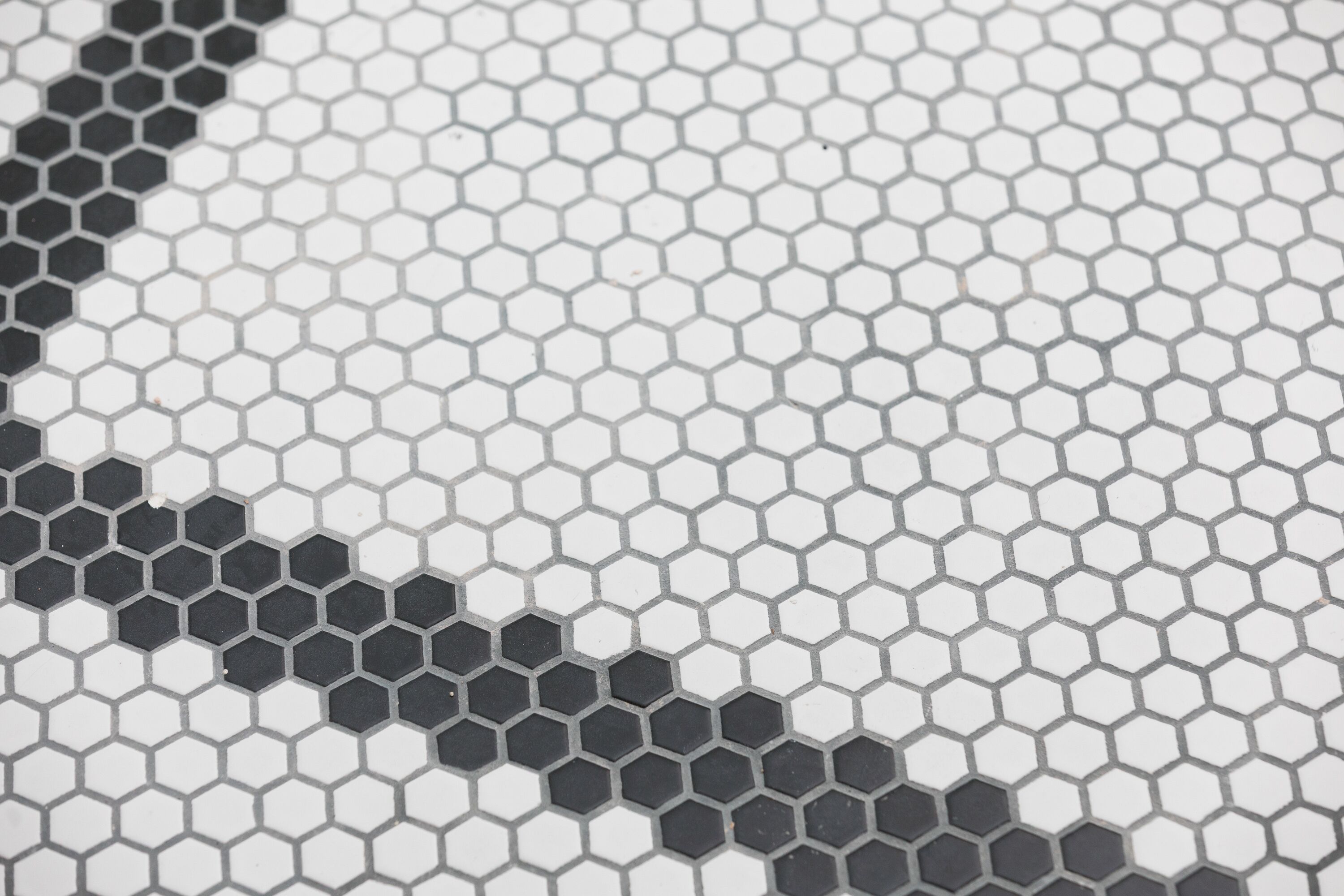 A close-up of a honeycomb-patterned tile with a black and white design.
