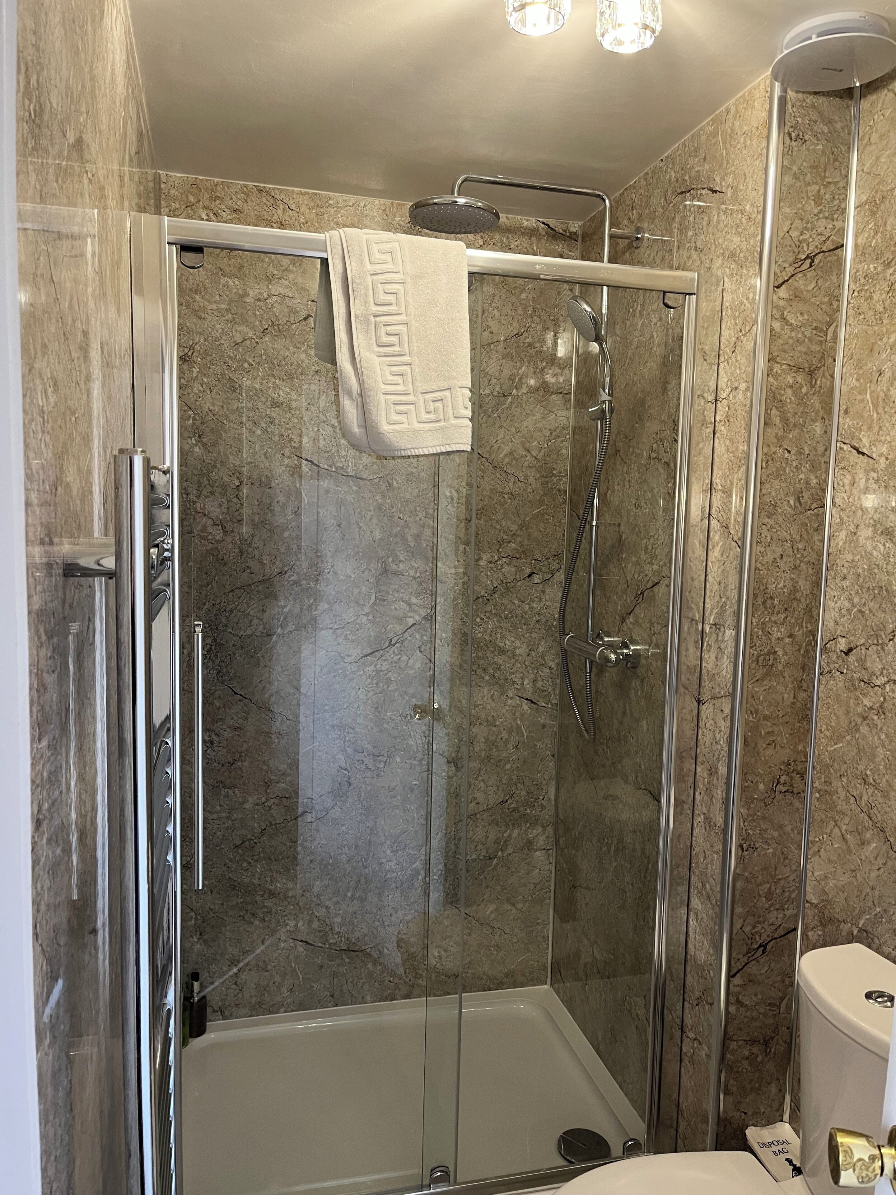 A glass-enclosed shower stall with a handheld showerhead, a glass door, and a towel hanging on the wall.