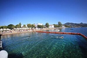 Privatstrand, Liegestühle, Sonnenschirme