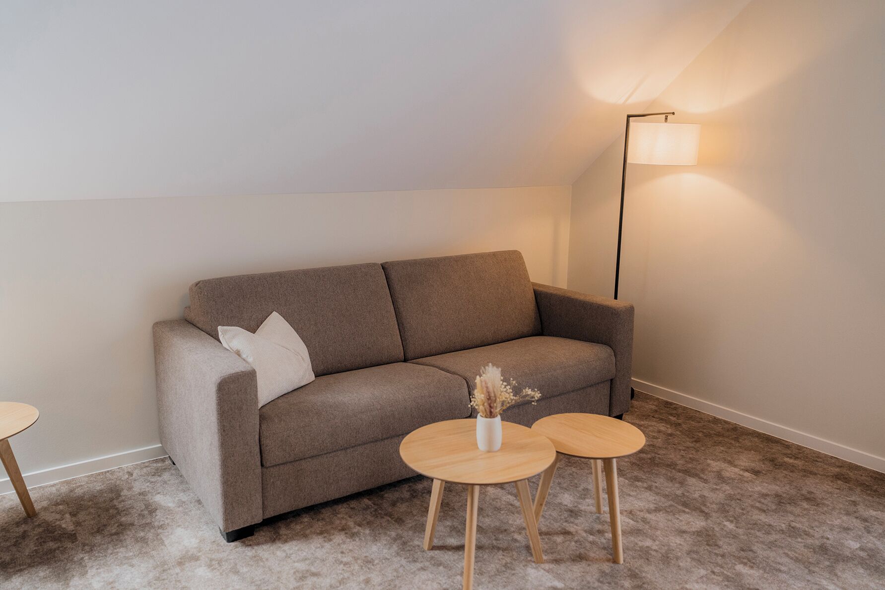 Un sofá en tonos neutros con un solo cojín, dos mesitas de madera y una lámpara de pie en una habitación con suelo alfombrado.