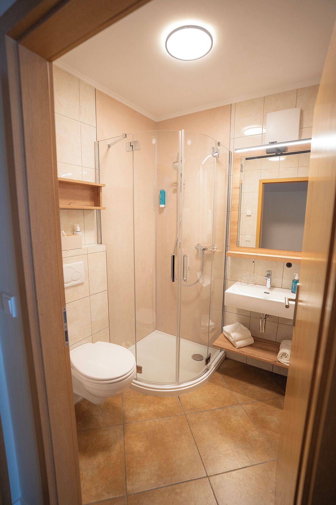 A modern bathroom with a glass-enclosed shower, a toilet, a sink with a mirror, and a wooden shelf.