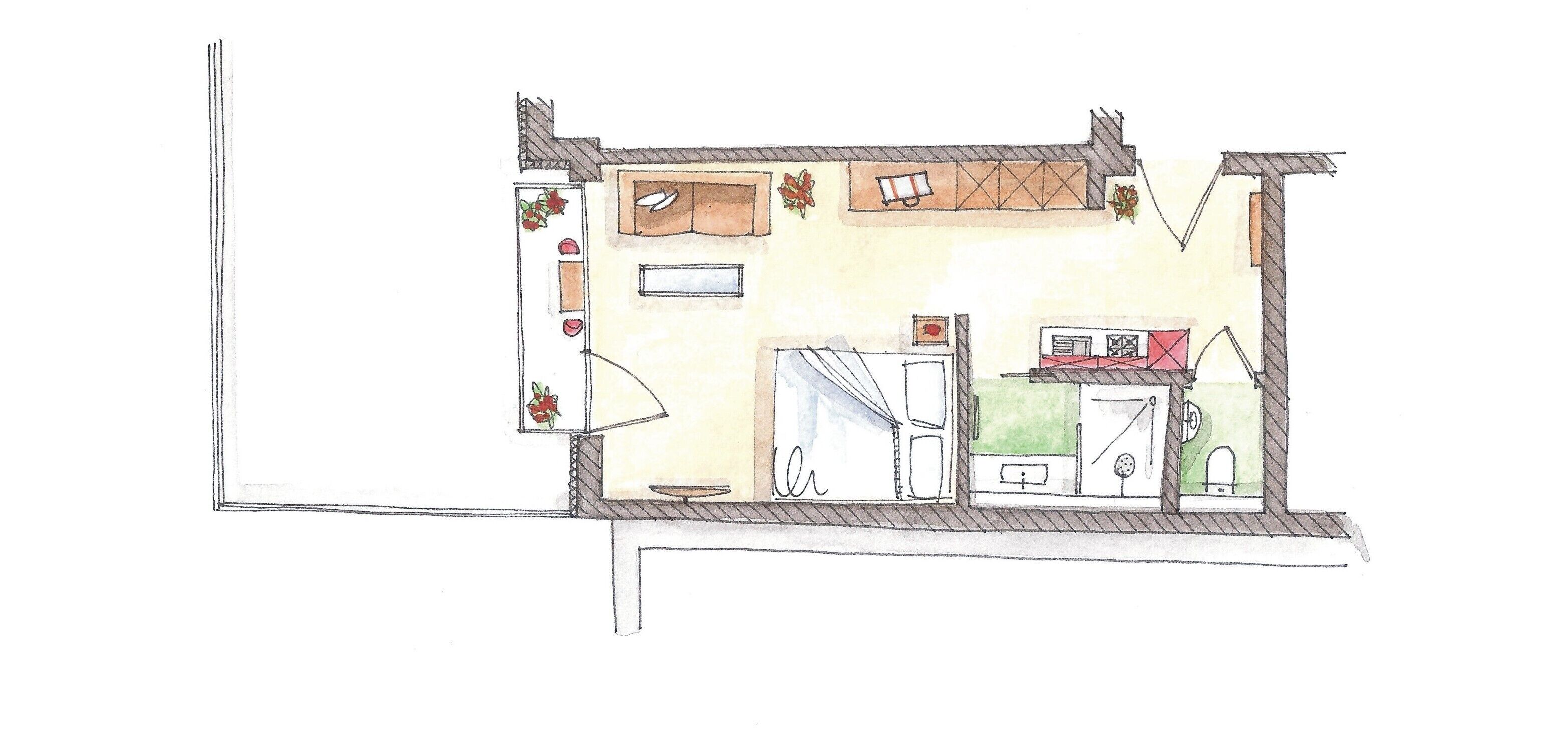 A floor plan of a room with a bed, a desk, a window, and a bathroom.