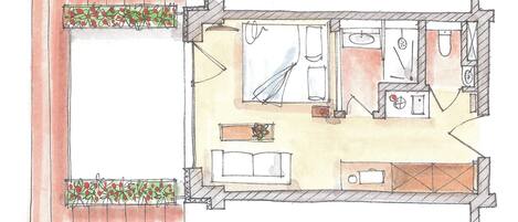 A floor plan of a hotel room with a bed, a desk, a chair, a window, and a bathroom.
