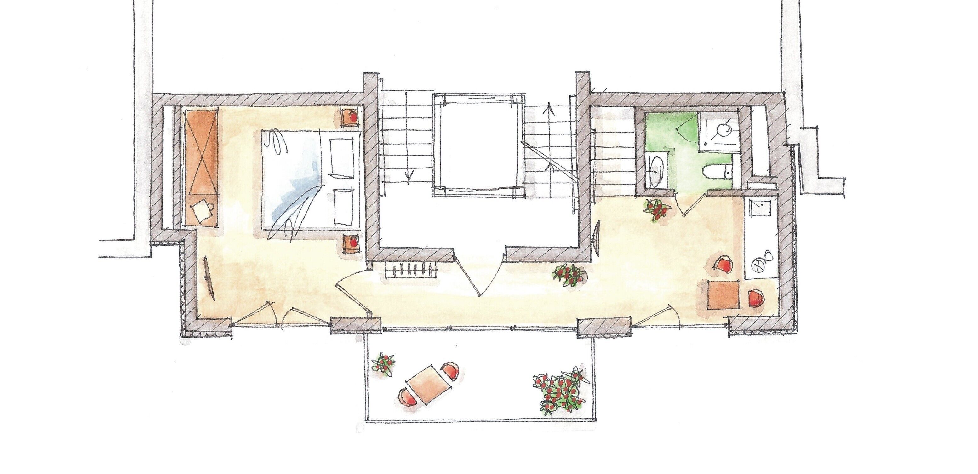 A floor plan of a hotel with two bedrooms, a bathroom, a kitchen, and a living area.