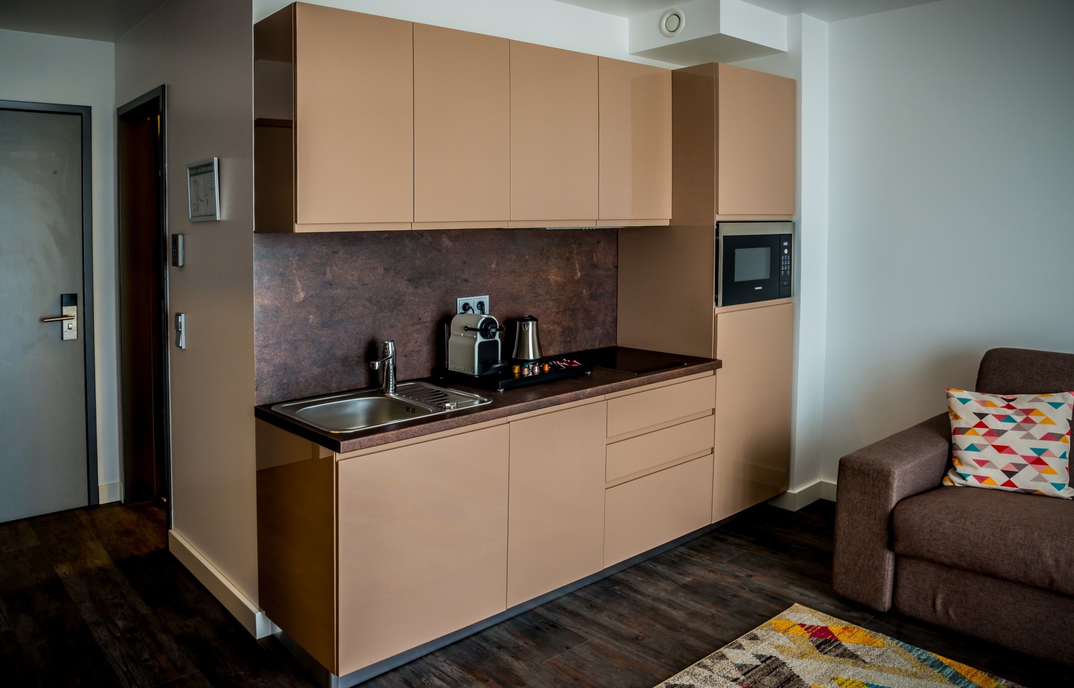 mini-fridge, microwave, espresso maker, coffee/tea maker