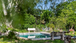 A swimming pool with a stone bench, surrounded by lush greenery and trees. - Villa Margarita (La Garita)