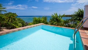 Une piscine d’eau cristalline, d’un bleu éclatant, avec vue sur l’océan et les palmiers.