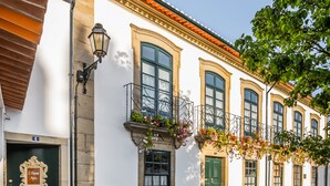 A historic building with a cobblestone street, a green door, and a sign that reads "S. Home Apas." - Apartment with Patio Centro de Ovar (Ovar)