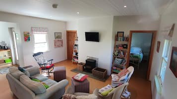 Télévision, cheminée, lecteur de DVD, livres