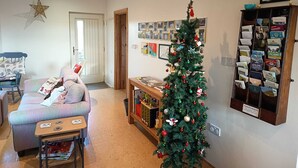 A cozy living room with a Christmas tree, a bookshelf with travel brochures, and a star decoration on the wall.