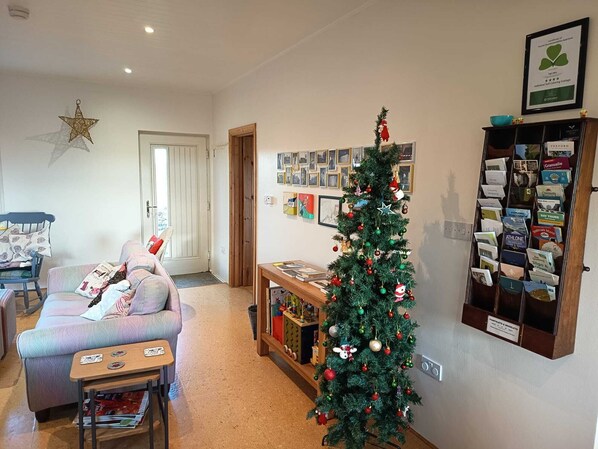 Ein gemütliches Wohnzimmer mit Tannenbaum, einer Bücherwand mit Reisebroschüren und einer Stern-Dekoration an der Wand.