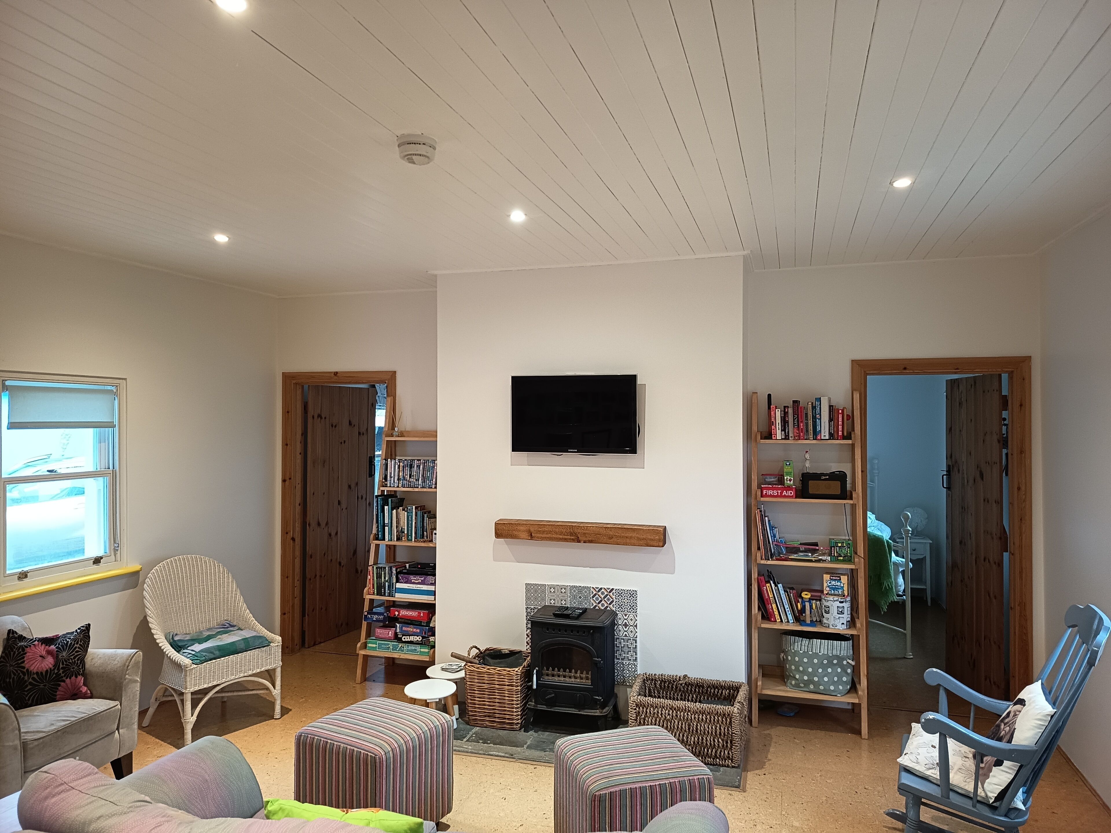 TV, fireplace, DVD player, books